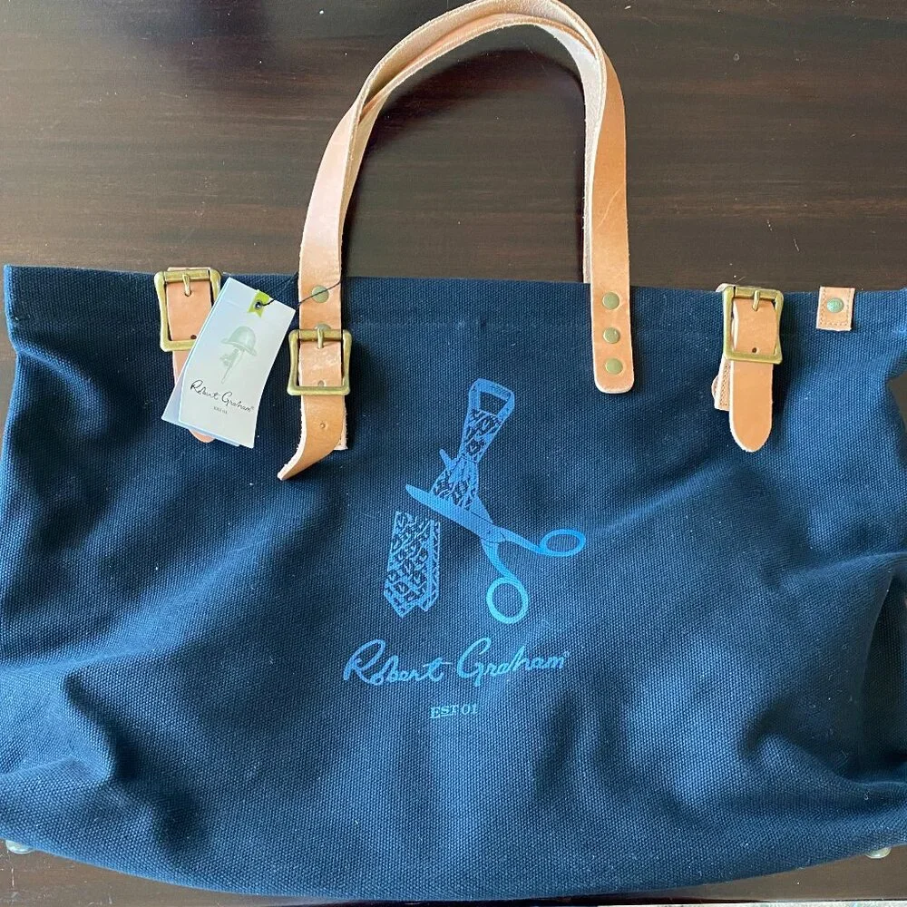 Robert Graham Pierce Canvas Tote Bag Black Brown Leather Straps Handles NWT $148